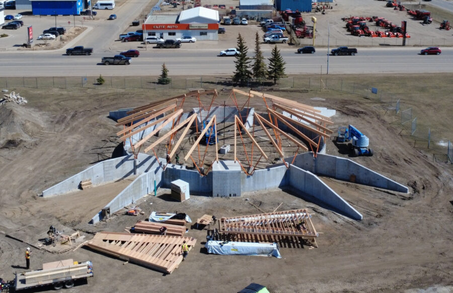 Aerial construction shot of the Northern Lights College Cultural Arbour