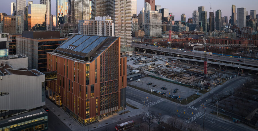 Aerial Image of George Brown College's mass timber building, Limberlost Place