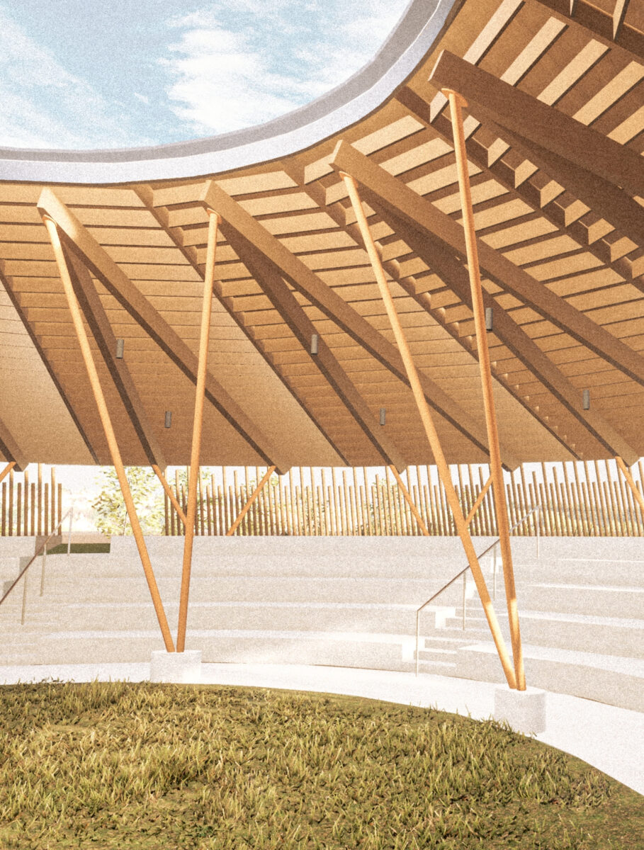 Render of roof panel detailing inside the gathering circle at the Northern Lights College Cultural Arbour