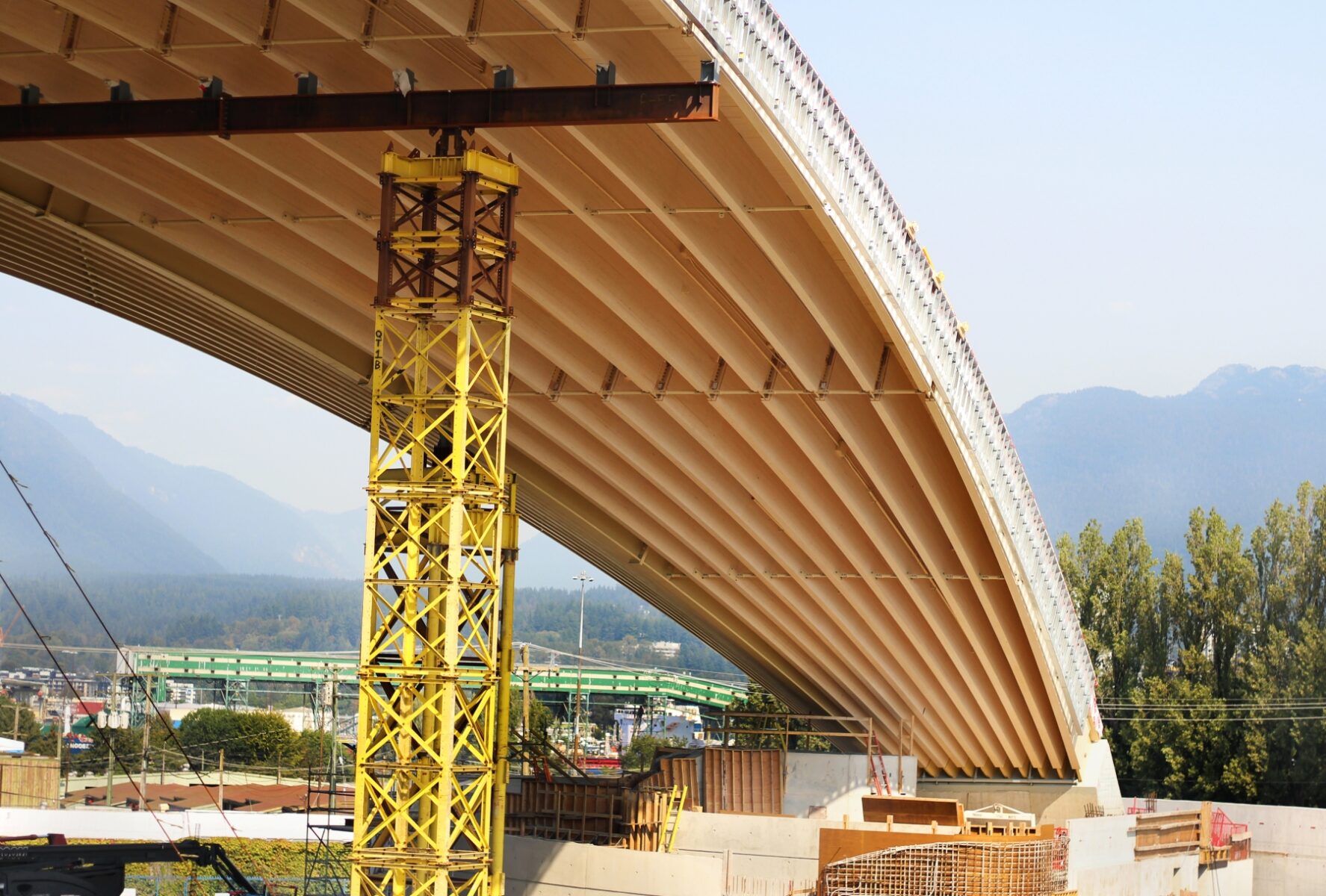 Close up shot of glulam arches under construction at the PNE Freedom Mobile Arch