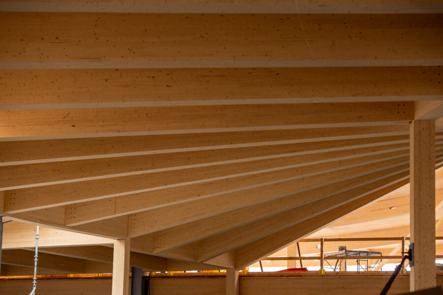 Construction image of timber roof at the Williams College Museum of Art
