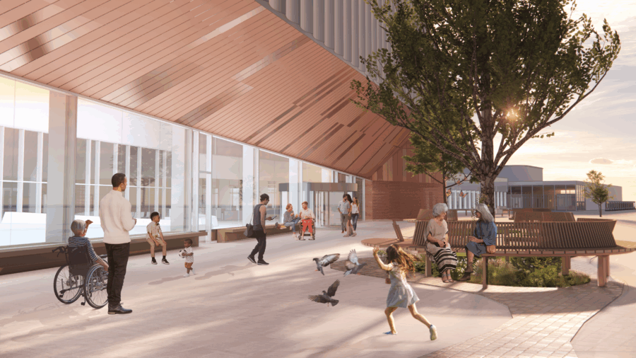 Close-up render of the exterior entrance of the Regina Indoor Aquatics Facility.