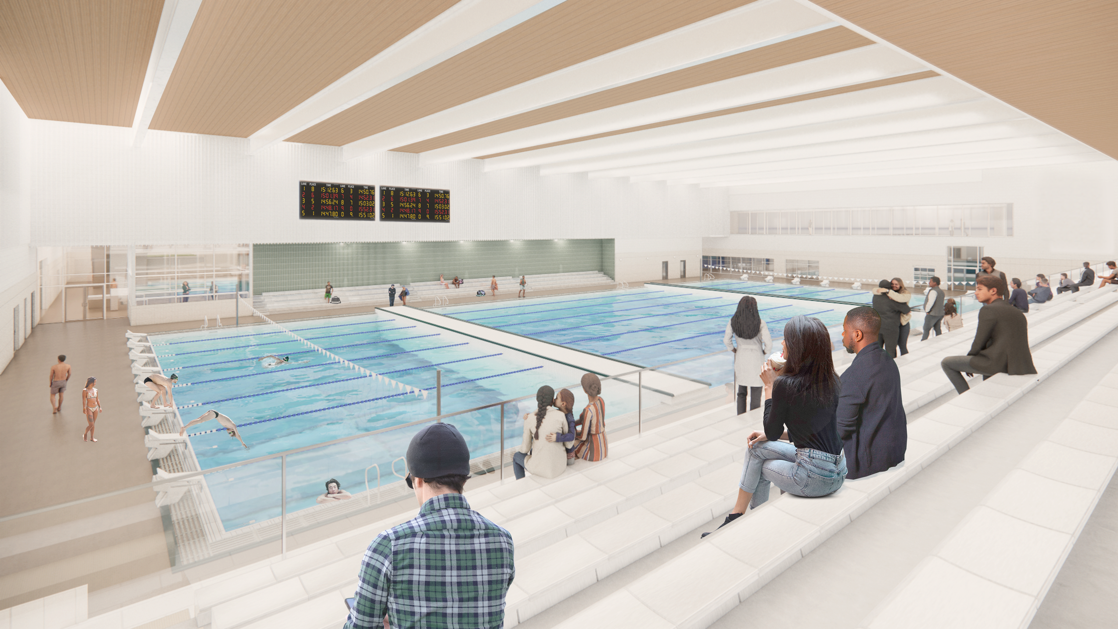 Render of the competition pool for the Regina Indoor Aquatics Facility.