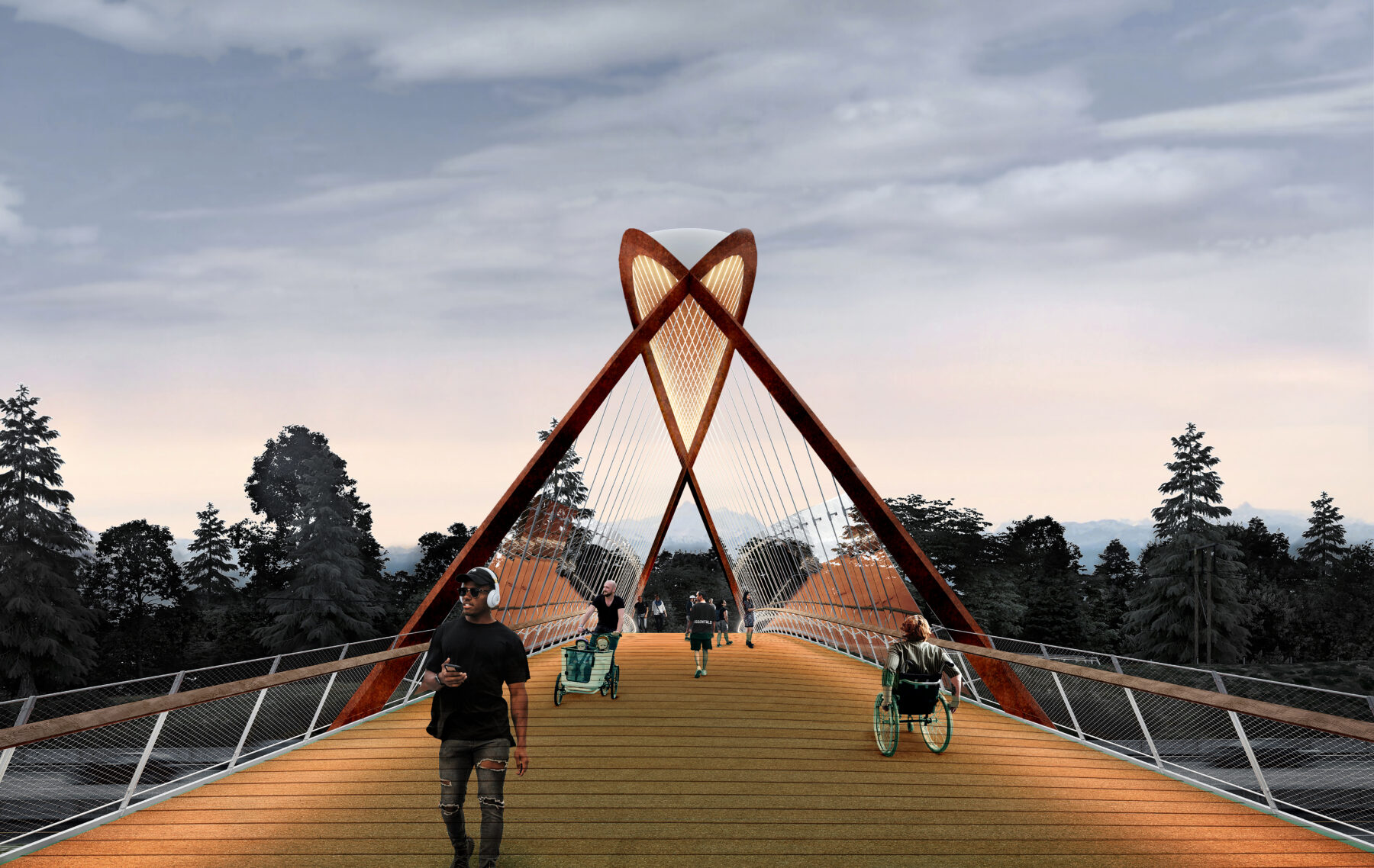People walking over the Burnaby Lake Pedestrian Bridge render