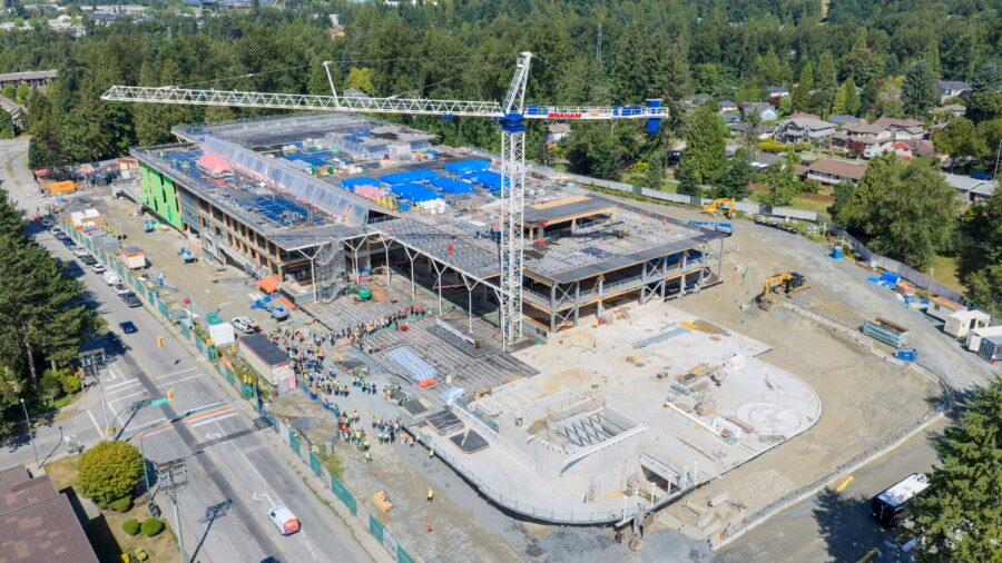 Aerial image of Cameron Community Centre and Library topped out