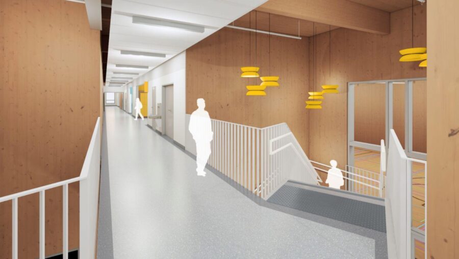 Interior rendering of the hallway on the Ecoles La Vallee new mass timber school.