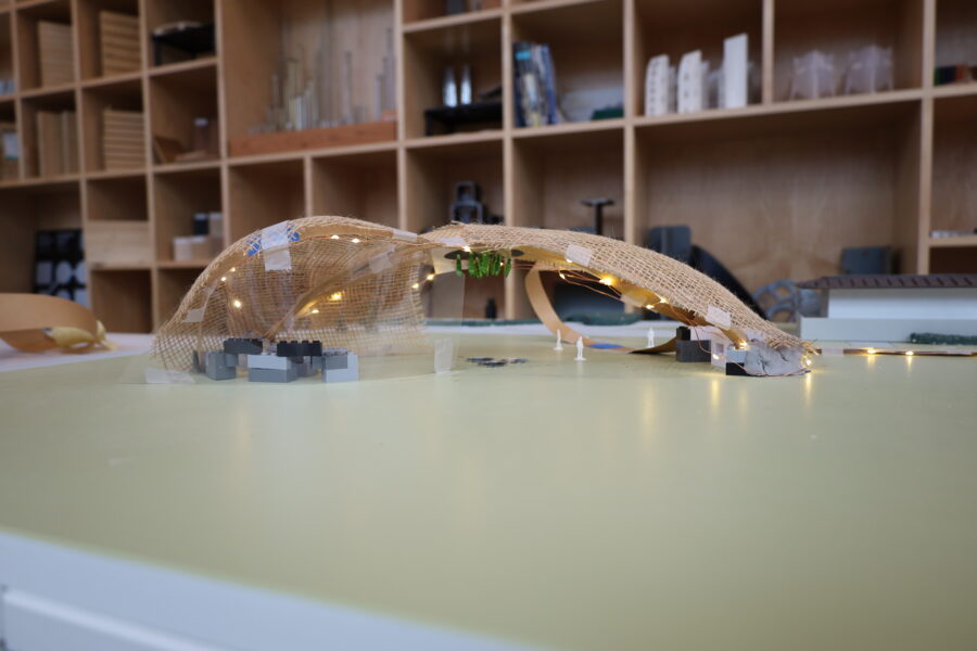 Workshop pavilion concept models displaying creative forms inspired by future and bio-based materials.