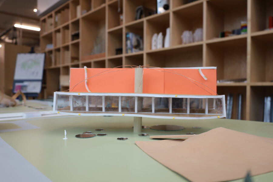 Workshop pavilion concept models displaying creative forms inspired by future and bio-based materials.