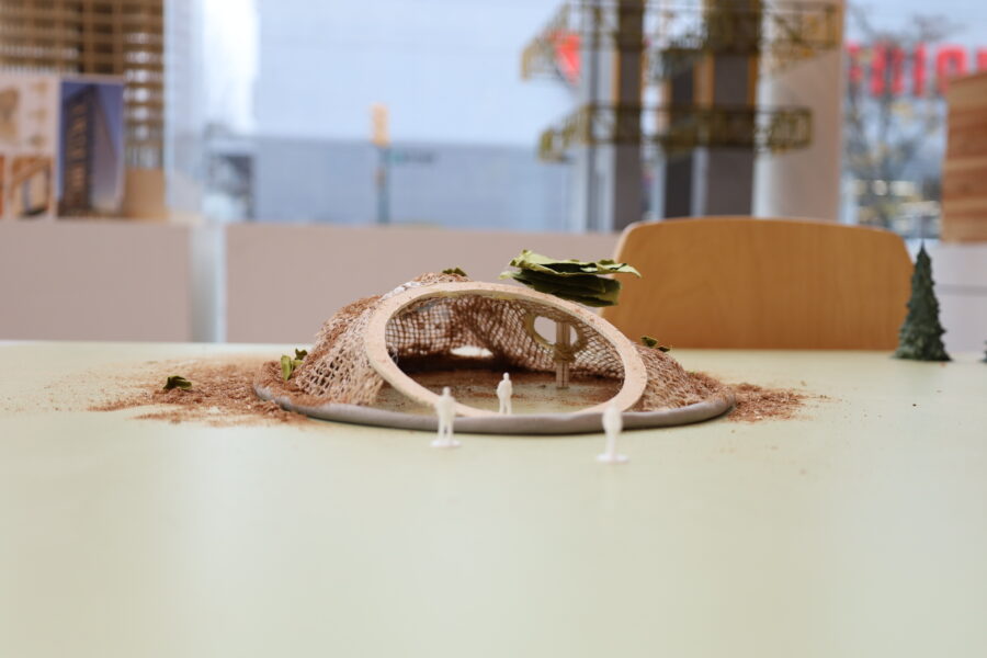 Workshop pavilion concept models displaying creative forms inspired by future and bio-based materials.