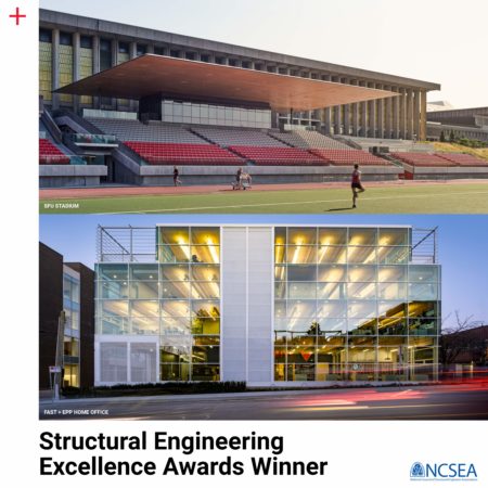 Exterior images shows two of our award winning projects, the SFU Stadium, and our Fast + Epp Home office - with text that reads underneath "Structural Engineering Excellence Award Winner"