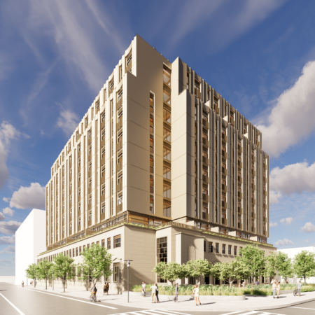 Rendering of PostLofts, a mixed-use development, minimizes embodied carbon through an 