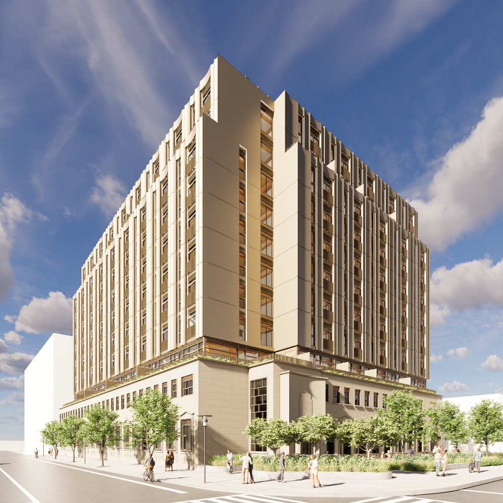 Rendering of PostLofts, a mixed-use development, minimizes embodied carbon through an "opptoppen" method of lightweight mass timber vertical extension.