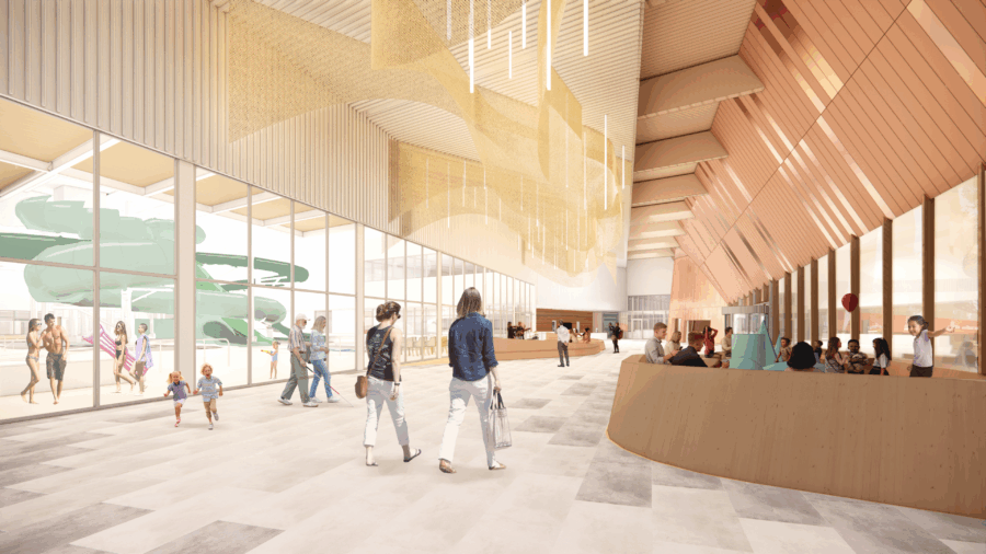 Render of inside the Regina Indoor Aquatics Facility showing the social gathering area.