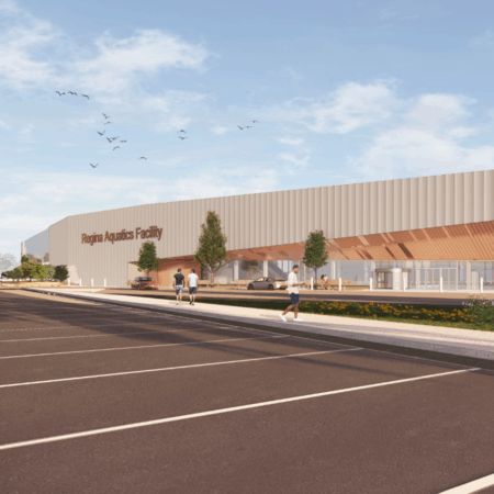 Exterior render of the main entrance to the Regina Indoor Aquatics Facility