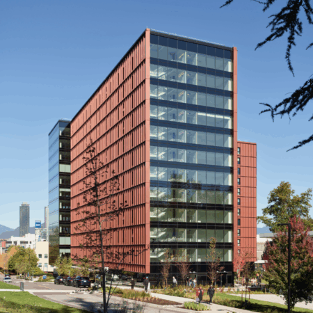 Completed exterior of the BCIT Tall Timber Student Housing in the daytime