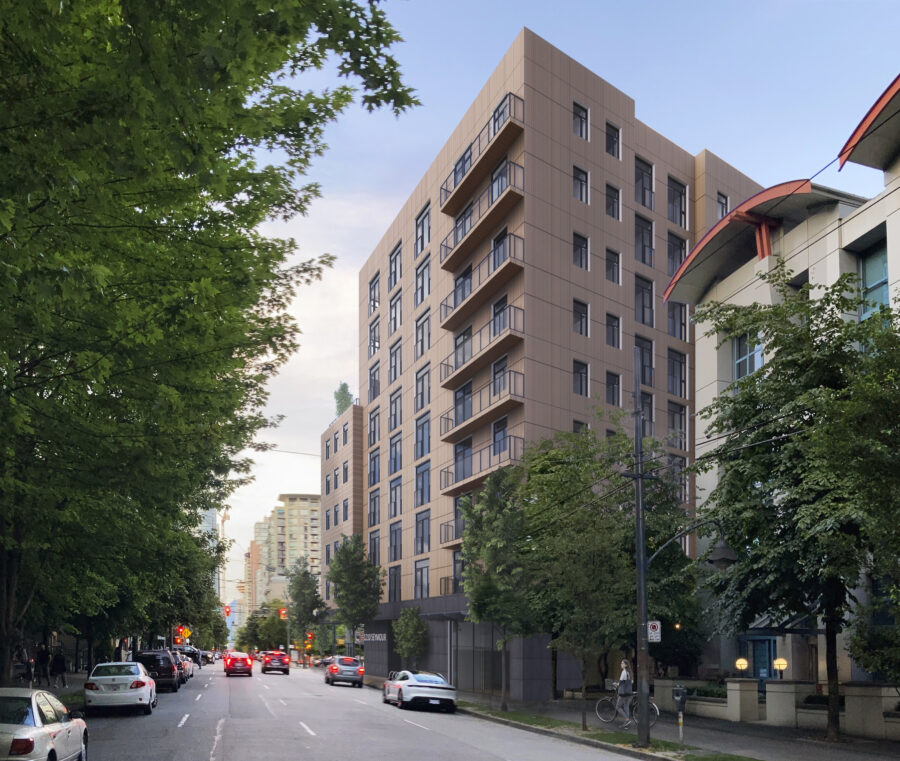 Render of the exterior of 1220 Seymour Street from the side.