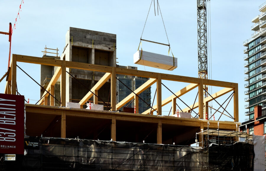 Construction image of mass timber install at 837 Beatty Street