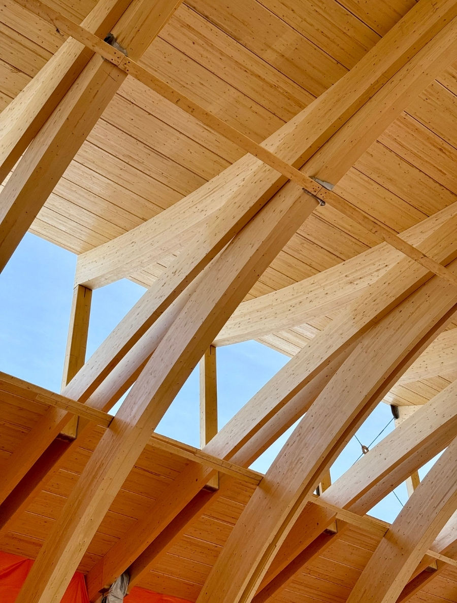Frog Lake Healing Centre Construction Image, close up of glulam