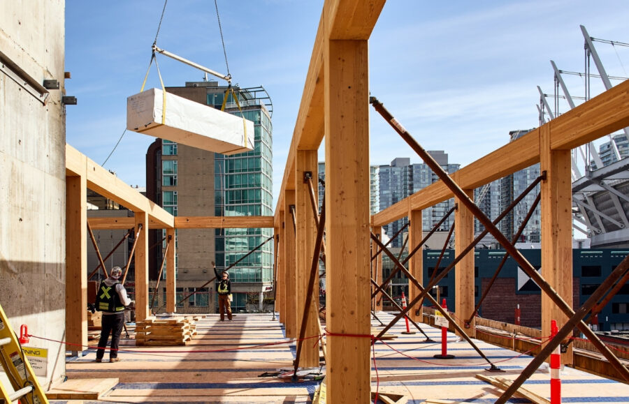 Construction image of mass timber install at 837 Beatty Street